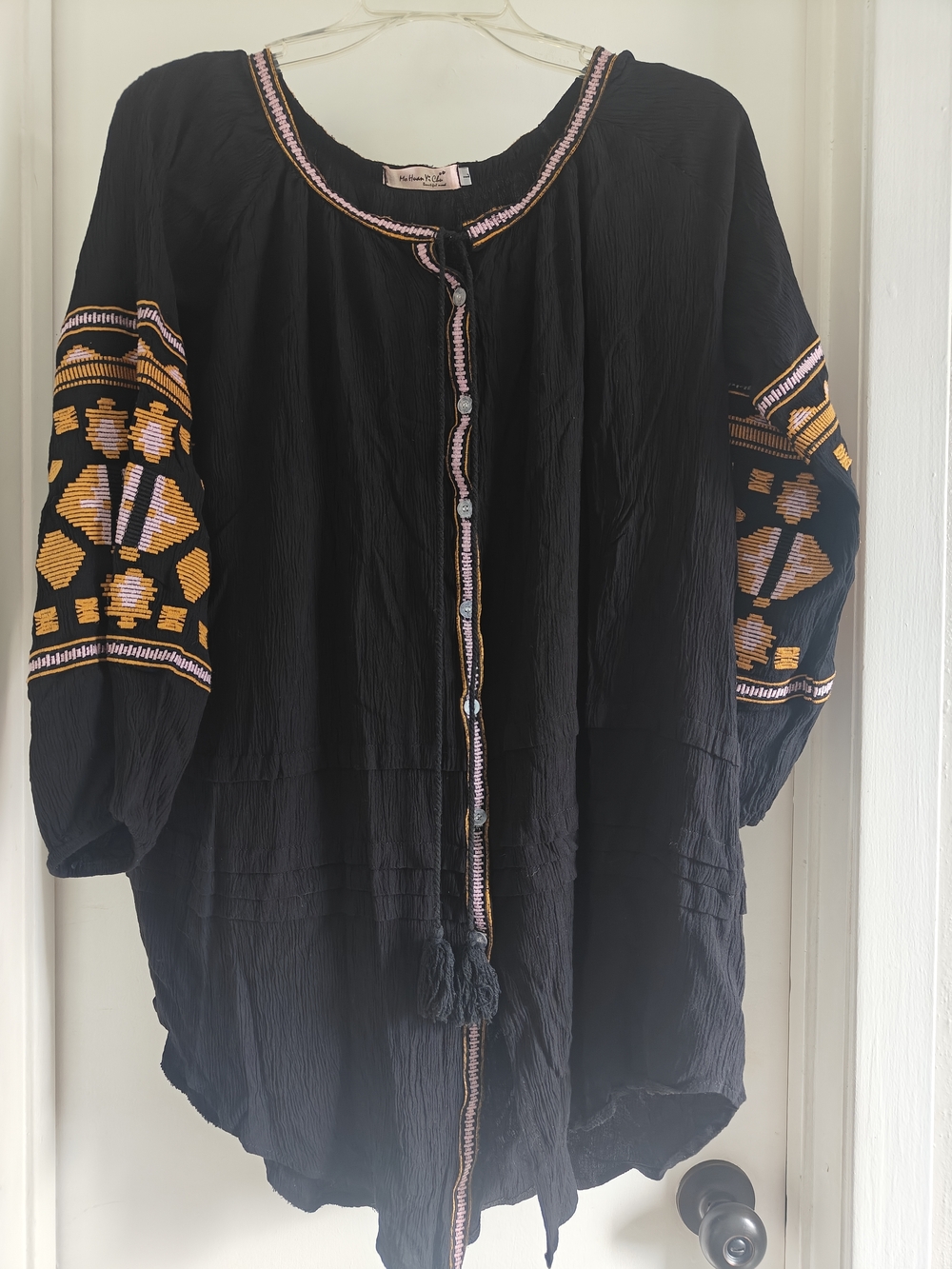 Black Embroidered Boho Button-Front Tunic with Gold & Pink Accents